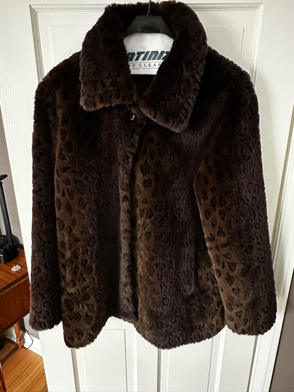 Women's Brown Faux Fur Coat - Classic Collared Jacket in deep chocolate colors.
